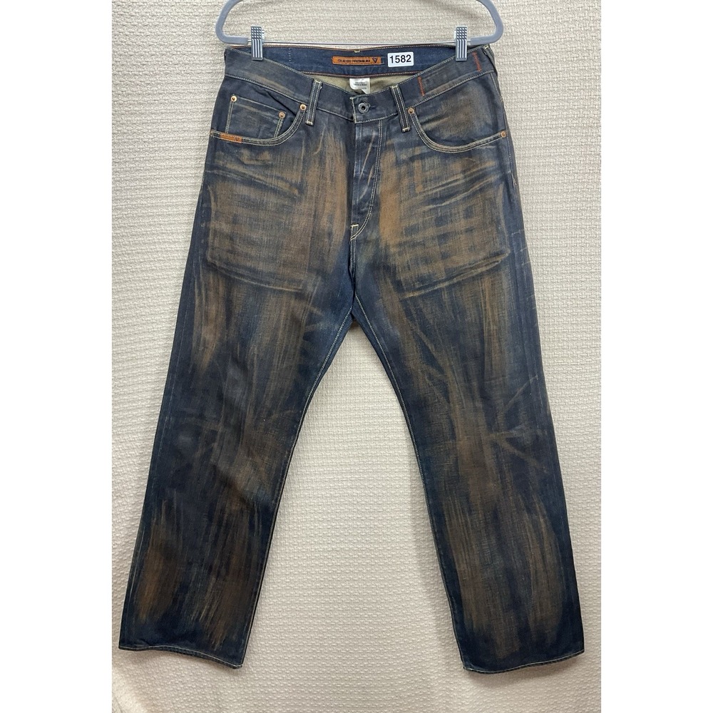 GUESS Men's Size 34x32Distressed Dark Wash Jeans Straight Fit Vintage Fade Denim